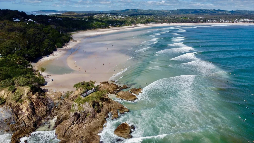 Aerial view of Byron Bay looking back towards town. Northern Rivers, NSW
